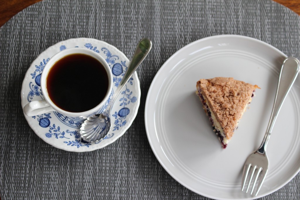 black coffee with homemade coffee cake