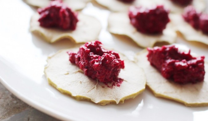 beet hummus on apple chips