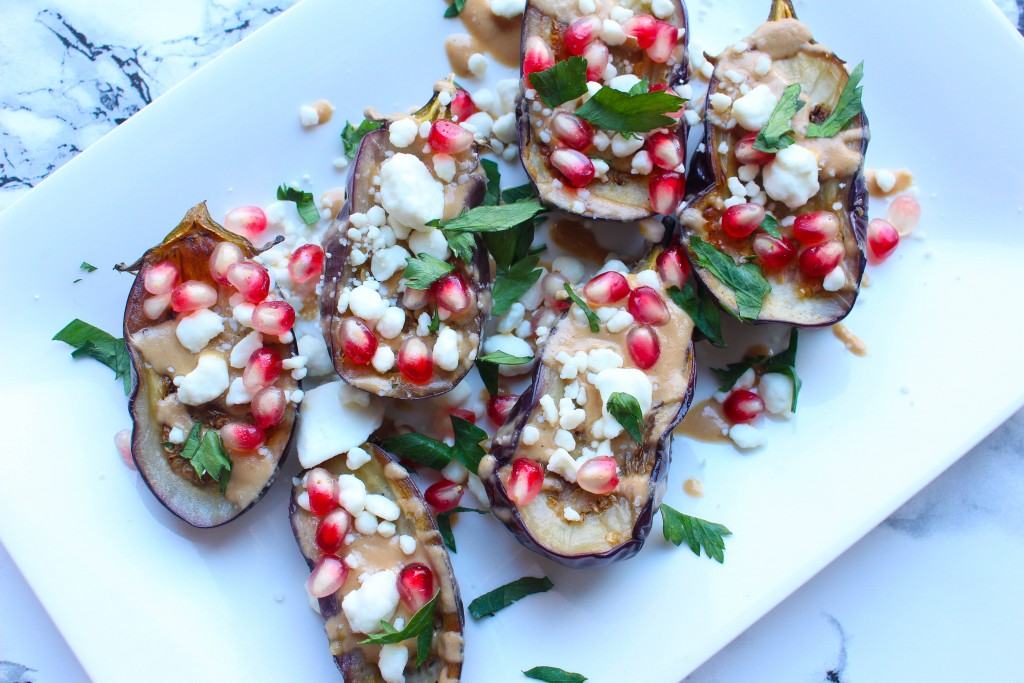 eggplant with tahini, goat cheese and pomegranate seeds | the domesticated wolf