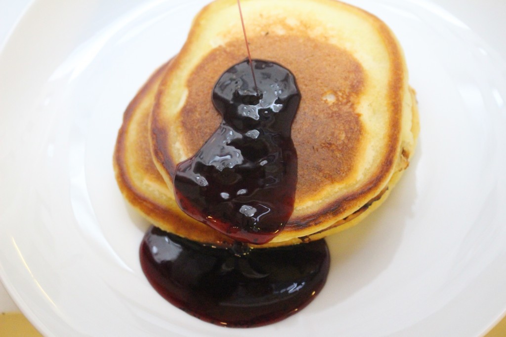 fluffy ricotta pancakes with blueberry syrup